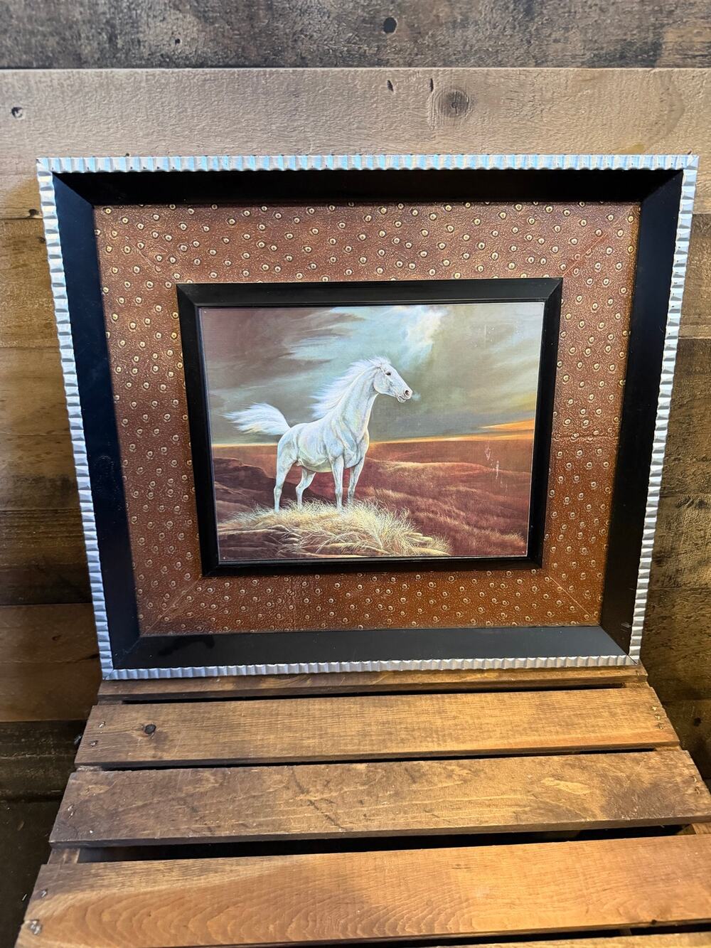 Majestic White Stallion Horse Framed Print - Faux Ostrich Leather Matting -15x15
